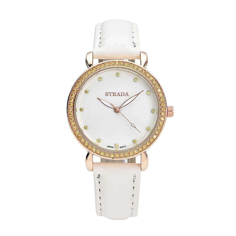 Strada Simulated Yellow Diamond Japanese Movement Watch in Rosetone with White Faux Leather Strap 0.50 ctw