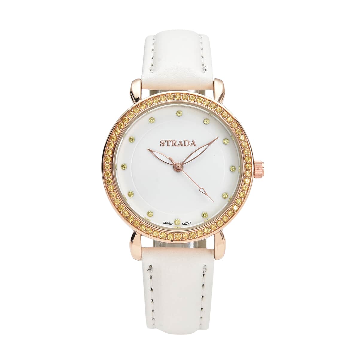 Strada Simulated Yellow Diamond Japanese Movement Watch in Rosetone with White Faux Leather Strap 0.50 ctw image number 0