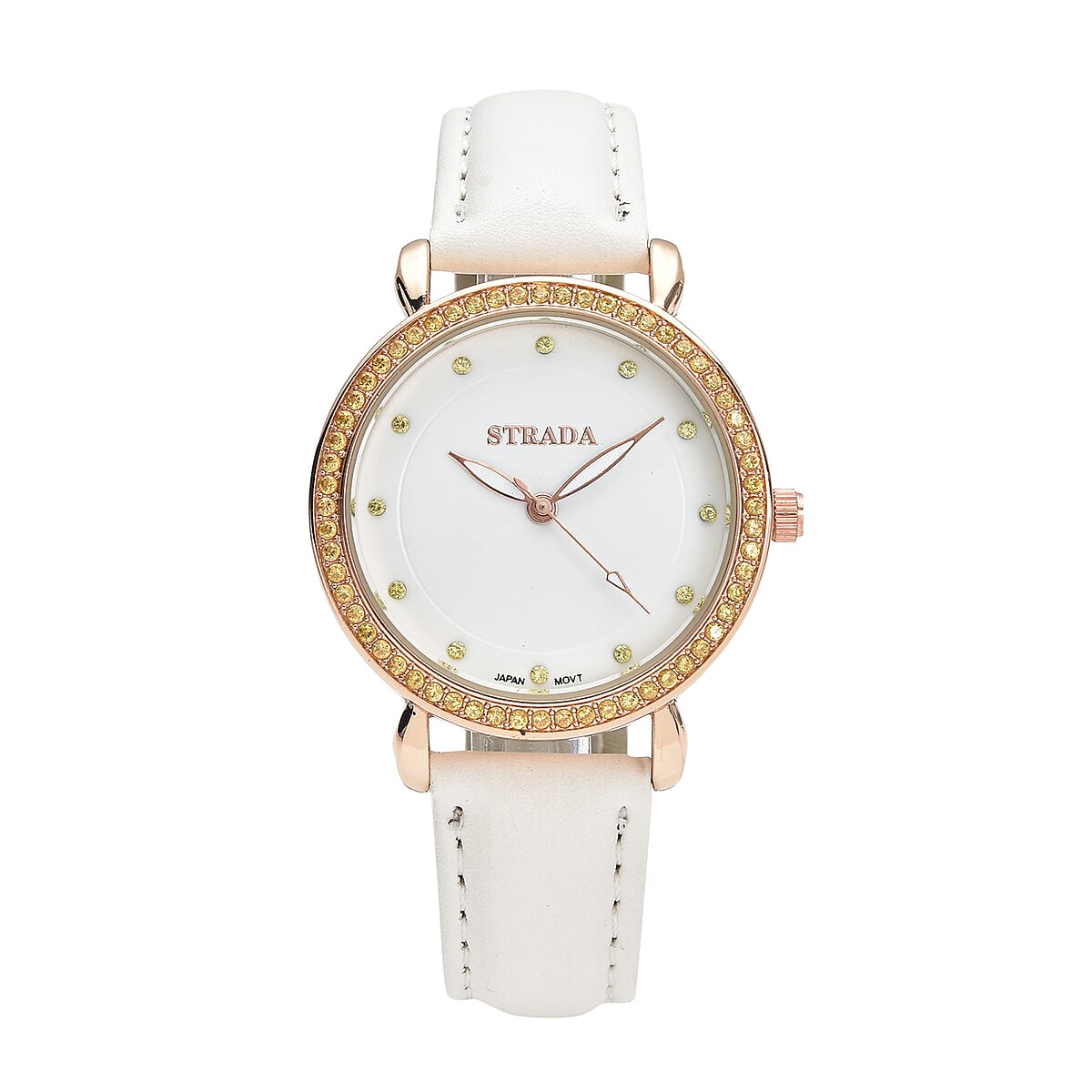 STRADA Simulated Yellow Diamond Japanese Movement Watch in Rosetone with White Faux Leather Strap 0.50 ctw image number 0