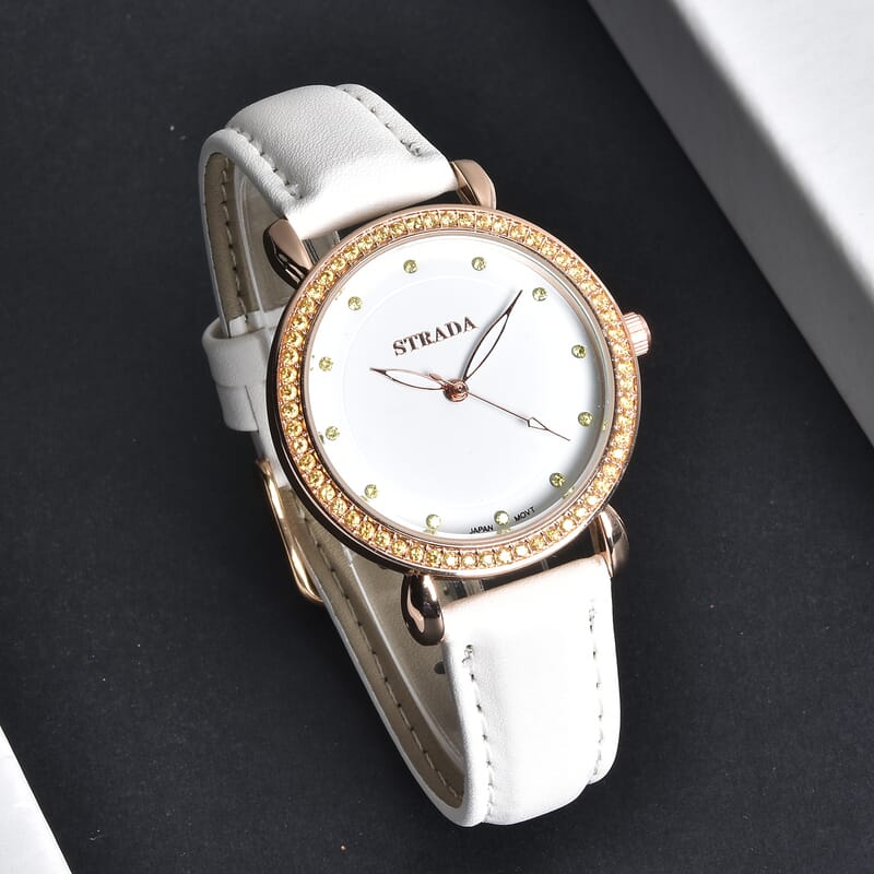 Strada Simulated Yellow Diamond Japanese Movement Watch in Rosetone with White Faux Leather Strap 0.50 ctw