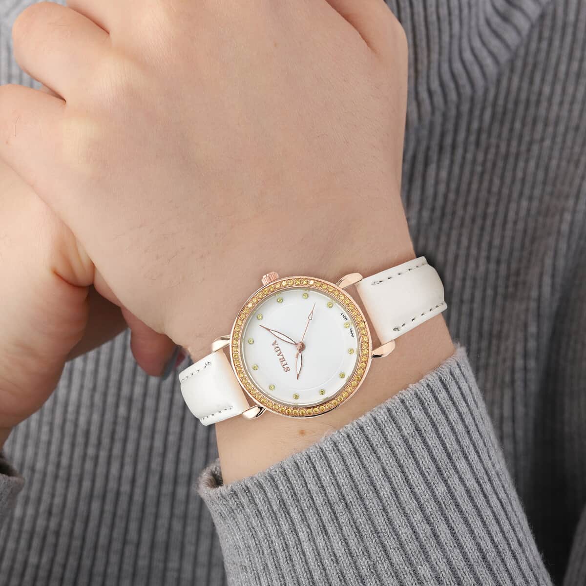 Strada Simulated Yellow Diamond Japanese Movement Watch in Rosetone with White Faux Leather Strap 0.50 ctw image number 2