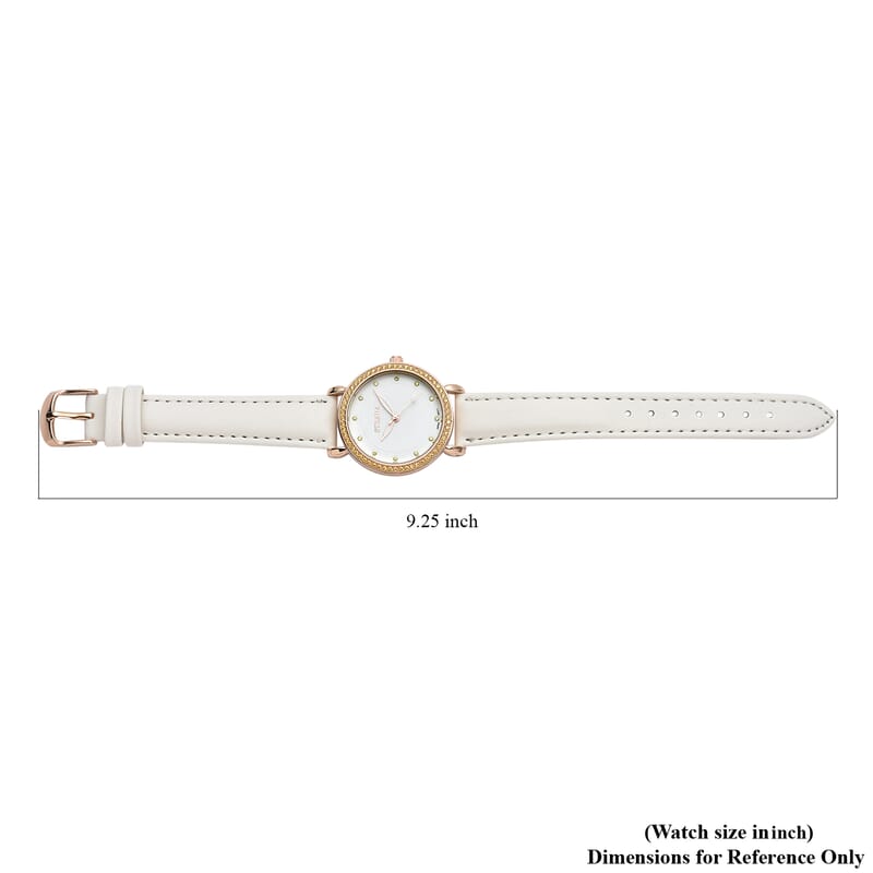 Strada Simulated Yellow Diamond Japanese Movement Watch in Rosetone with White Faux Leather Strap 0.50 ctw