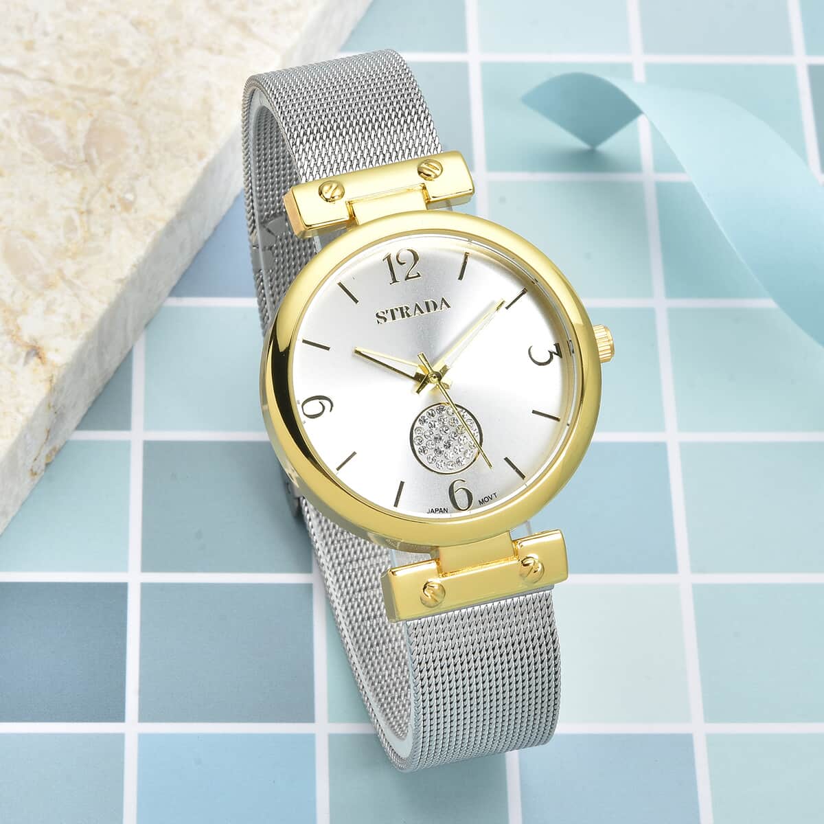 STRADA Austrian Crystal Japanese Movement Watch in Goldtone with Stainless Steel Mesh Strap image number 1