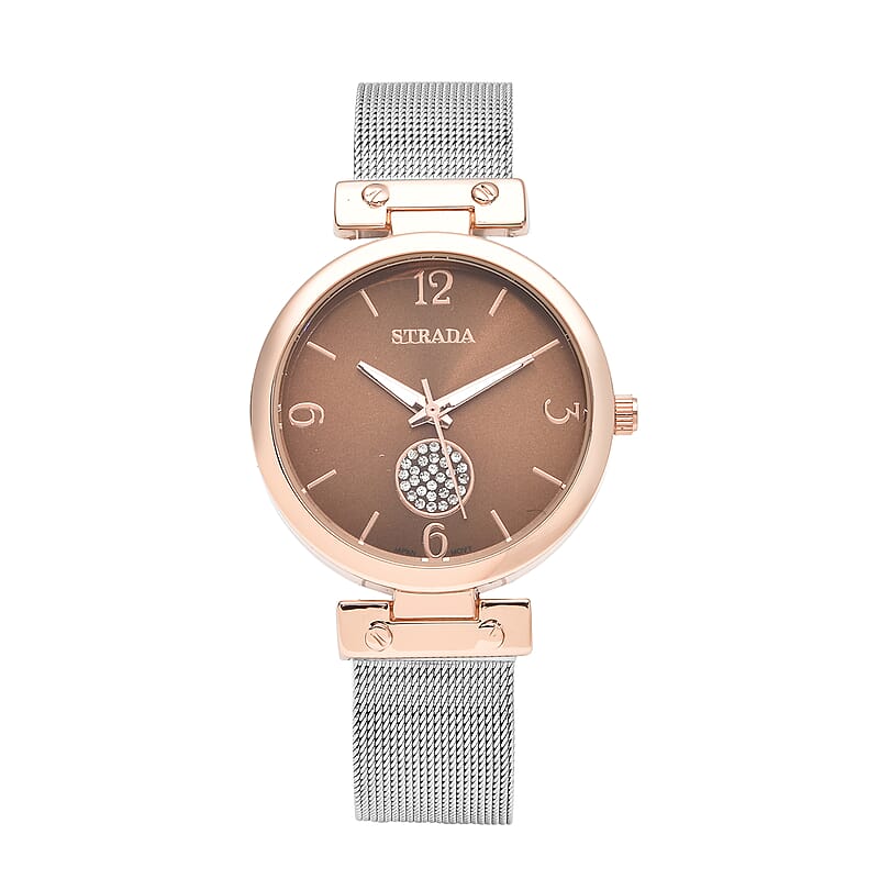 Strada Austrian Crystal Japanese Movement Rose Dial Watch with Stainless Steel Mesh Strap (35mm)