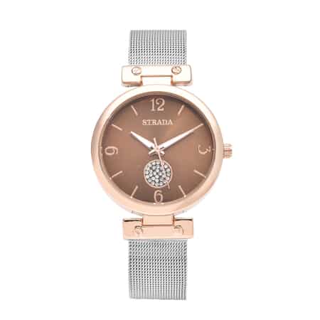 Strada Austrian Crystal Japanese Movement Rose Dial Watch with Stainless Steel Mesh Strap (35mm) image number 0