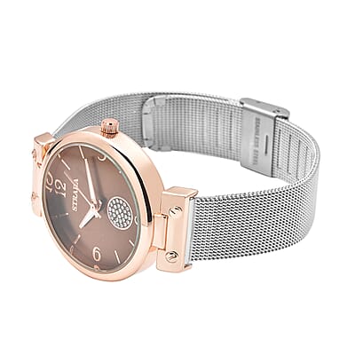 Strada Austrian Crystal Japanese Movement Rose Dial Watch with Stainless Steel Mesh Strap (35mm)