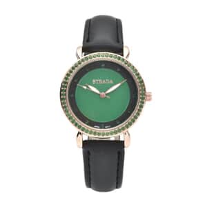 Strada Simulated Green Diamond Japanese Movement Watch in Rosetone with Black Faux Leather Strap 0.50 ctw