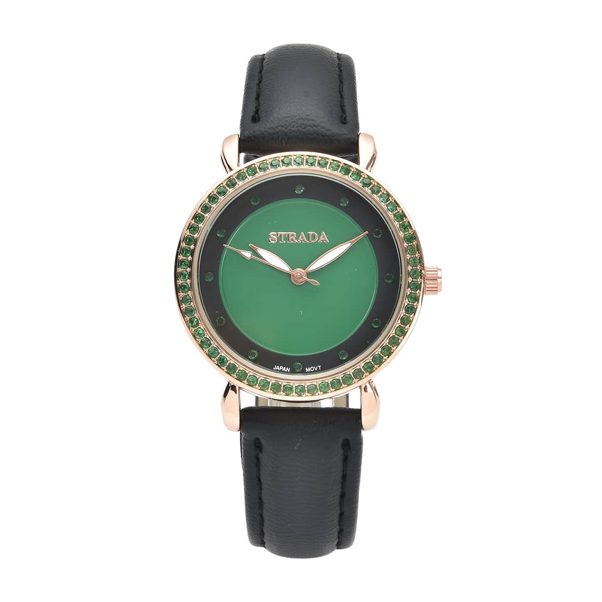 Strada Simulated Green Diamond Japanese Movement Watch in Rosetone with Black Faux Leather Strap 0.50 ctw image number 0