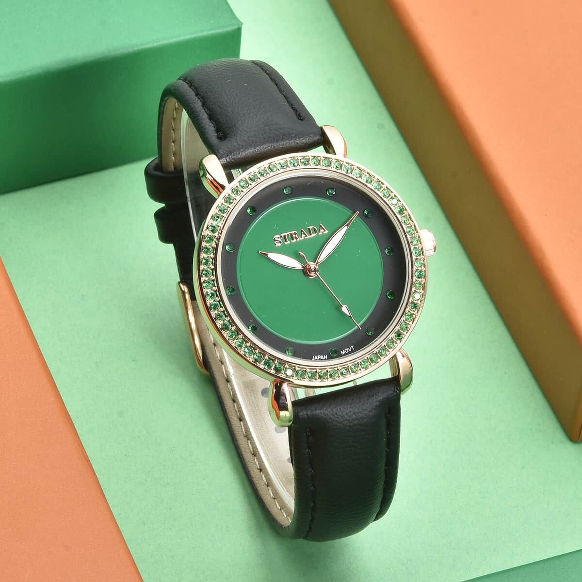 Strada Simulated Green Diamond Japanese Movement Watch in Rosetone with Black Faux Leather Strap 0.50 ctw image number 1
