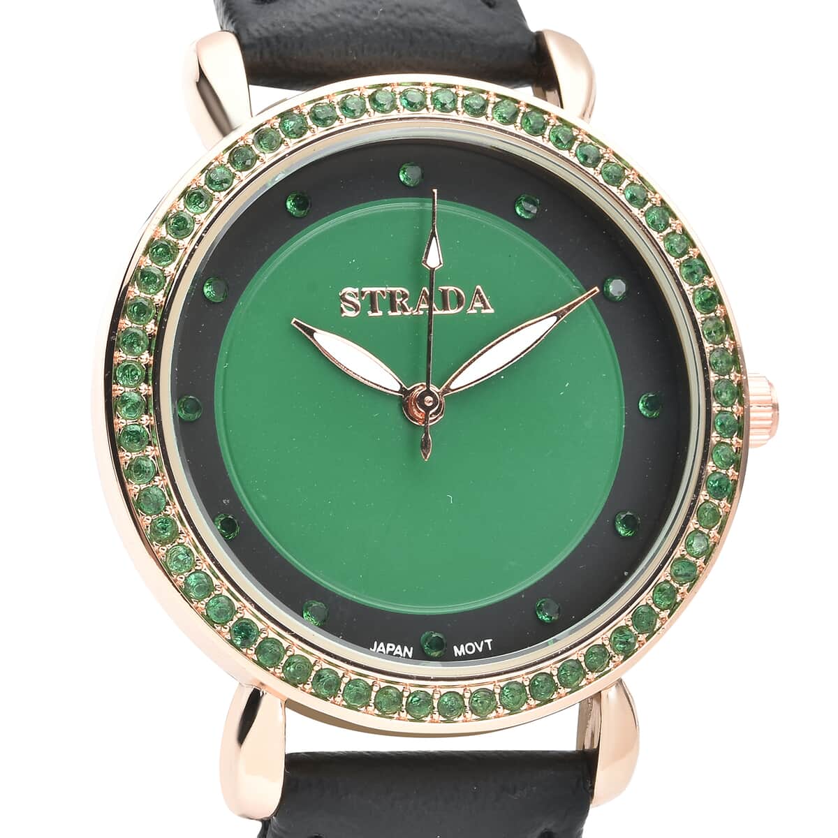 Strada Simulated Green Diamond Japanese Movement Watch in Rosetone with Black Faux Leather Strap 0.50 ctw image number 3