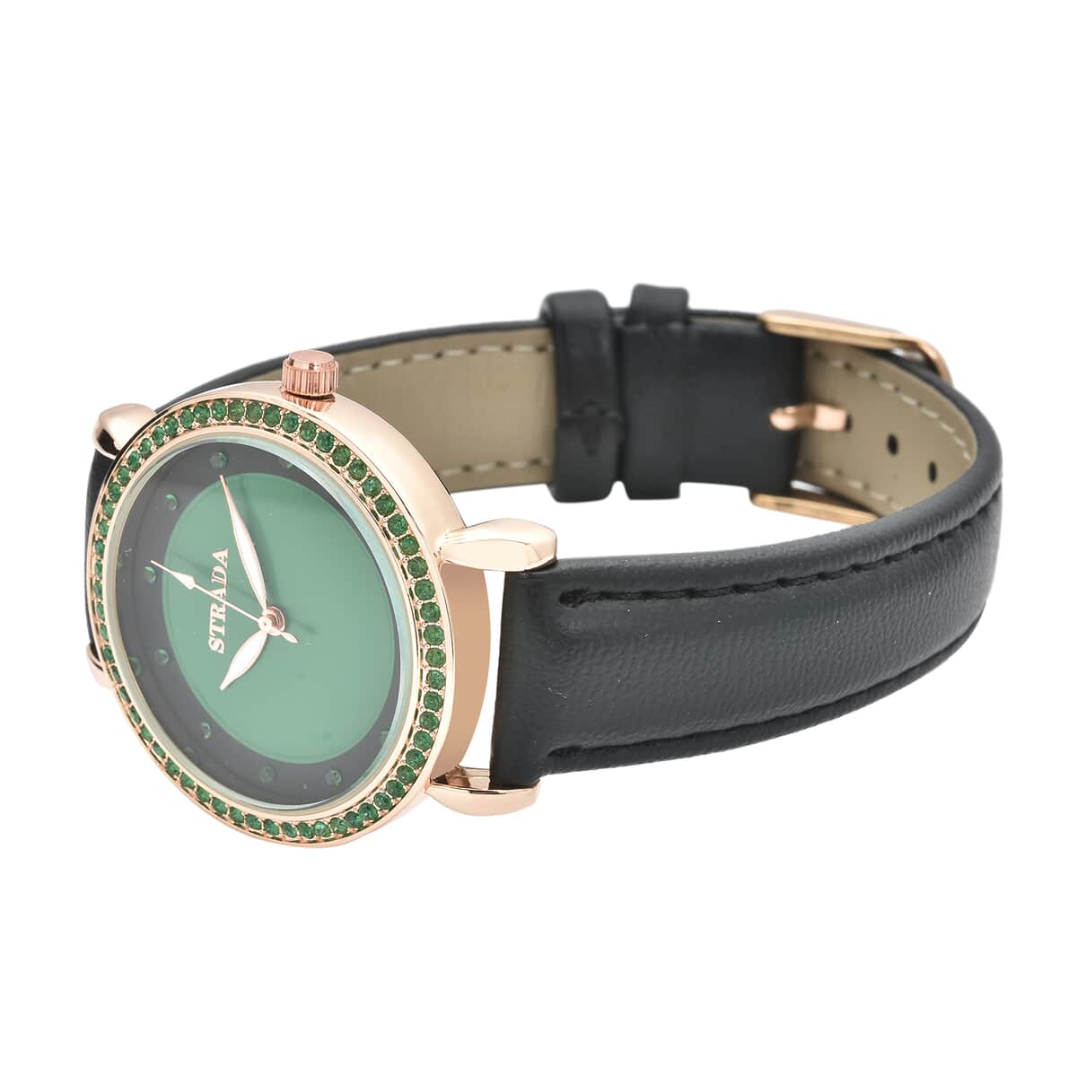 Strada Simulated Green Diamond Japanese Movement Watch in Rosetone with Black Faux Leather Strap 0.50 ctw image number 4