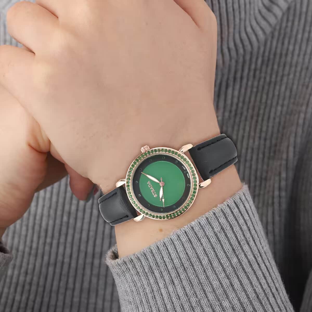 Strada Simulated Green Diamond Japanese Movement Watch in Rosetone with Black Faux Leather Strap 0.50 ctw image number 6