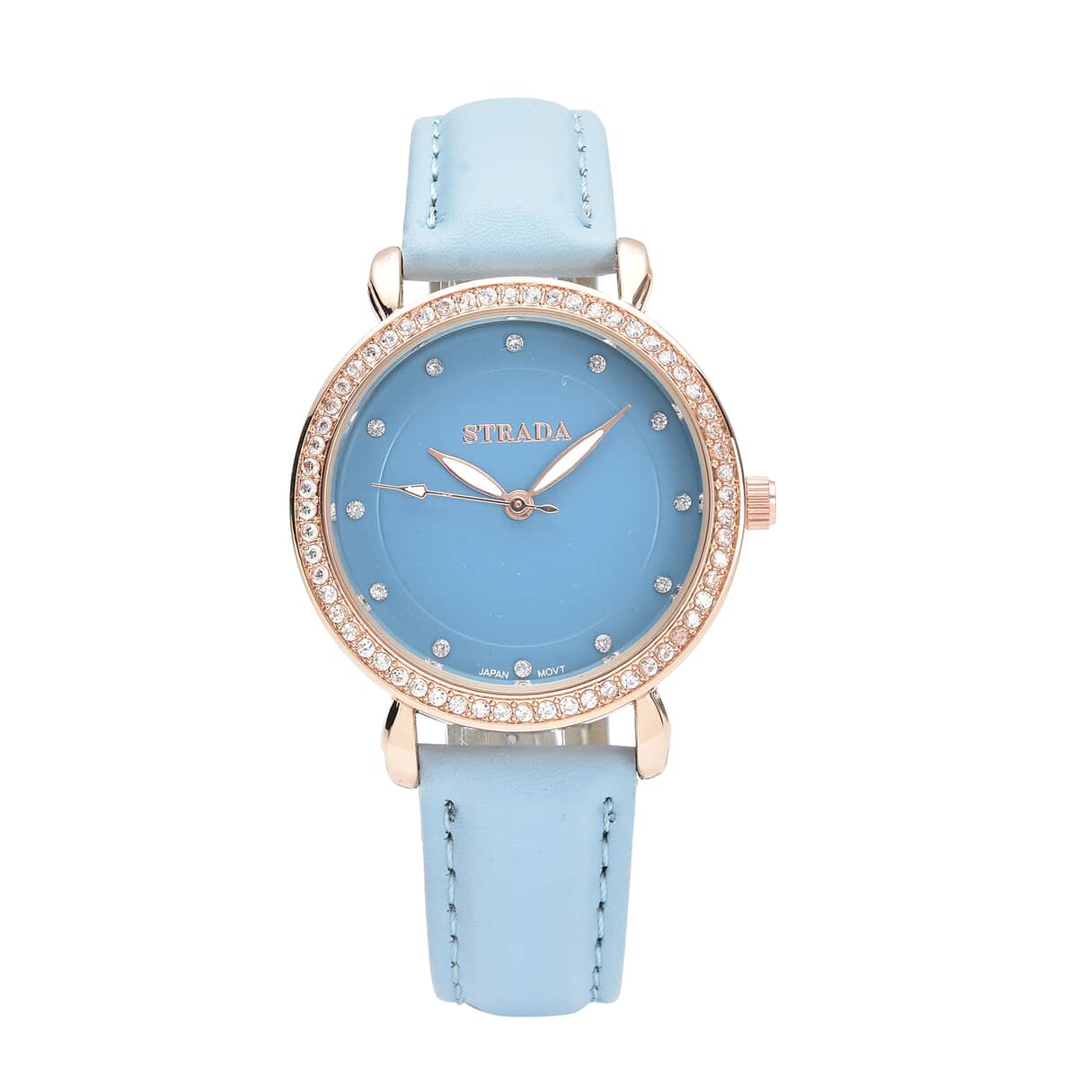 Strada Simulated Diamond Japanese Movement Watch in Rosetone with Blue Faux Leather Strap 0.50 ctw image number 0