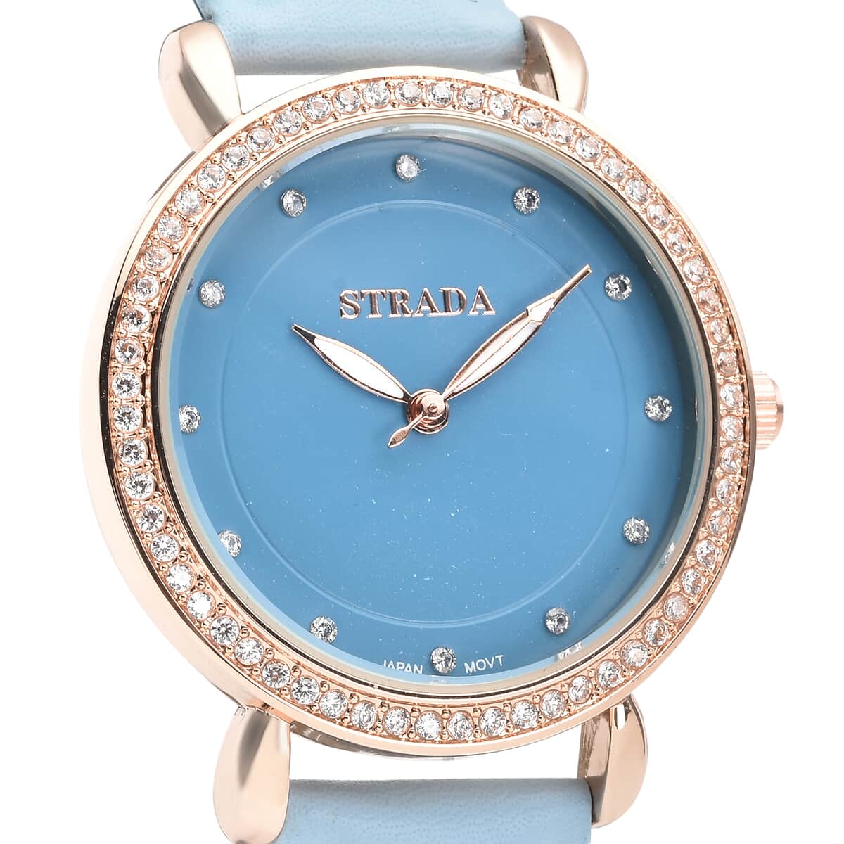 Strada Simulated Diamond Japanese Movement Watch in Rosetone with Blue Faux Leather Strap 0.50 ctw image number 3