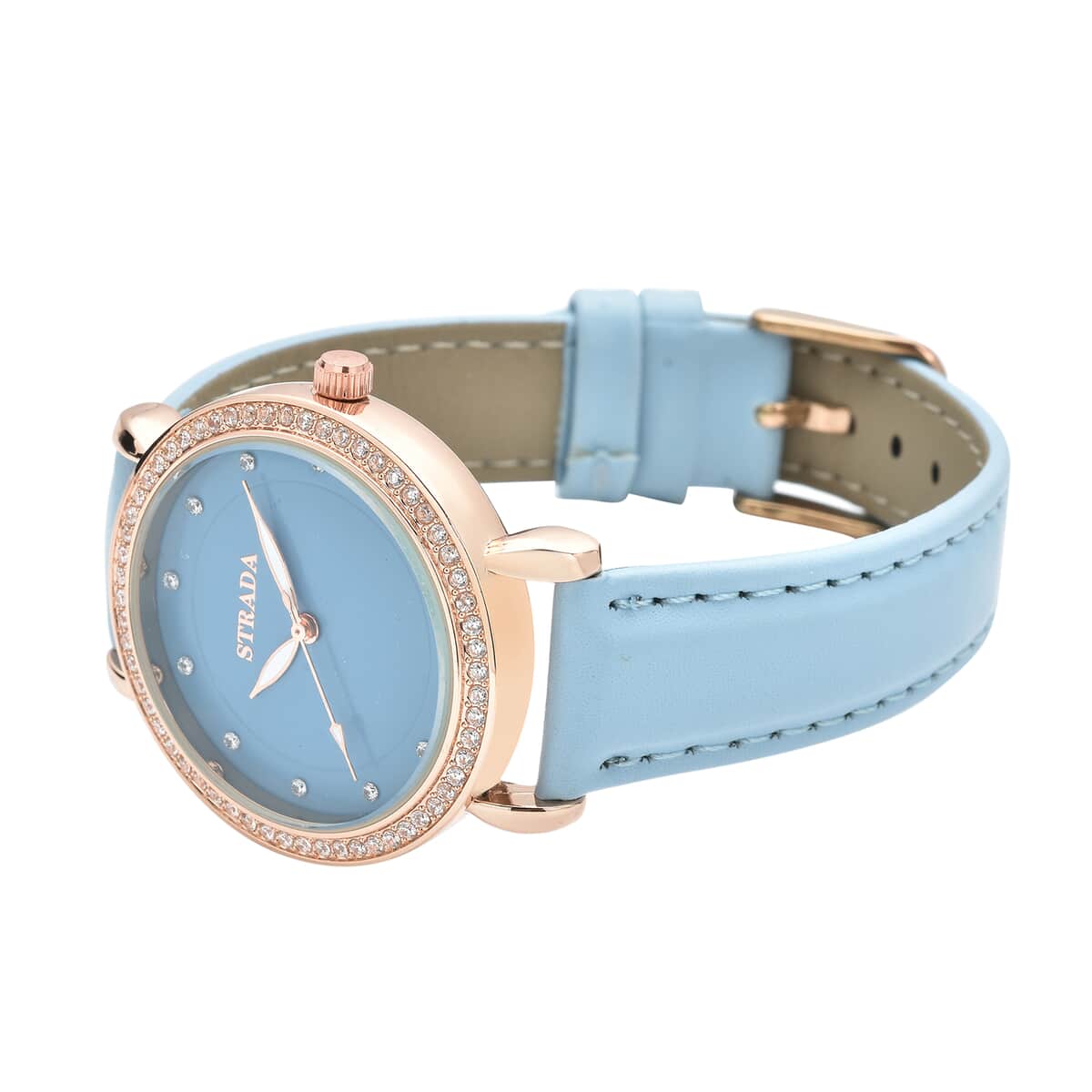 Strada Simulated Diamond Japanese Movement Watch in Rosetone with Blue Faux Leather Strap 0.50 ctw image number 4