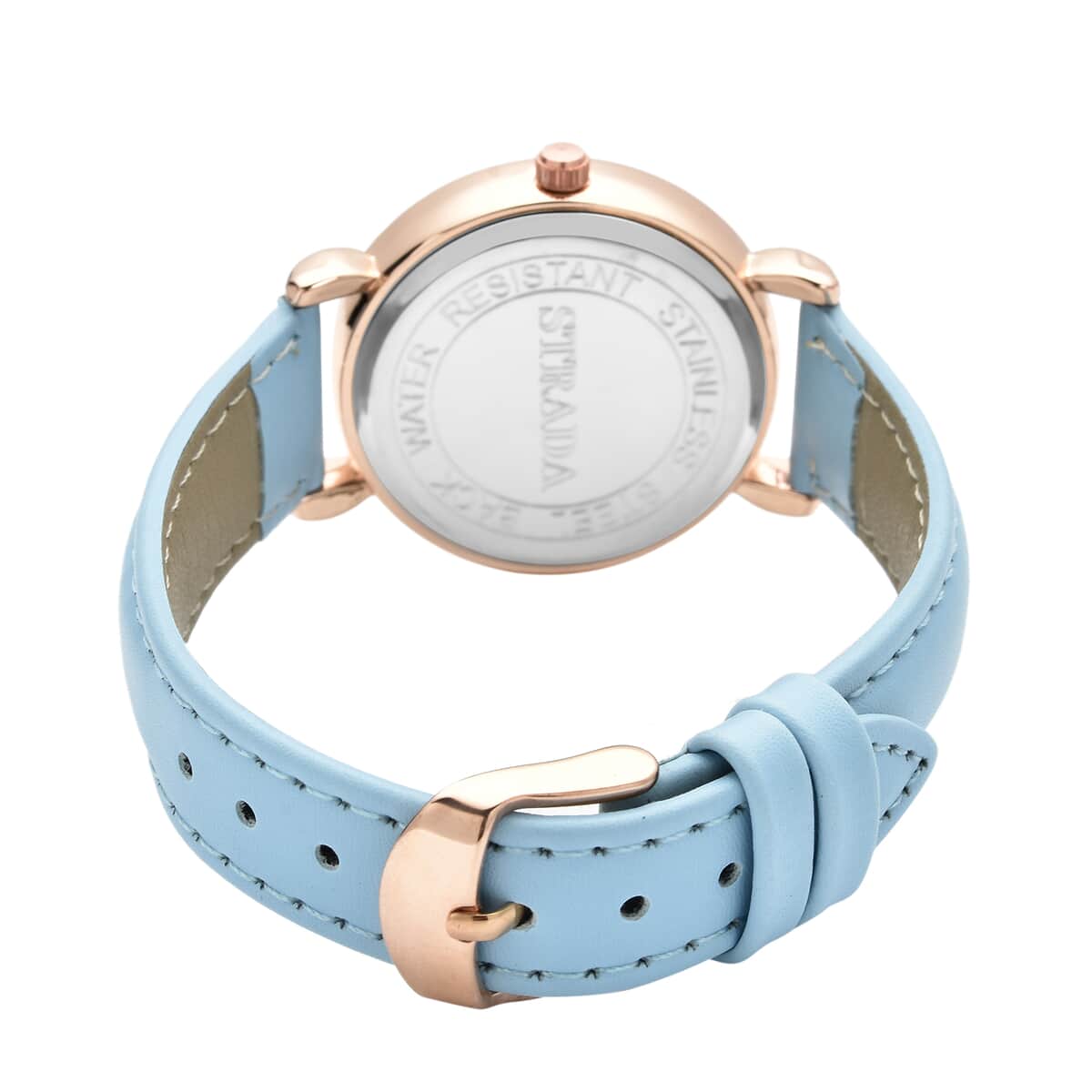 Strada Simulated Diamond Japanese Movement Watch in Rosetone with Blue Faux Leather Strap 0.50 ctw image number 5