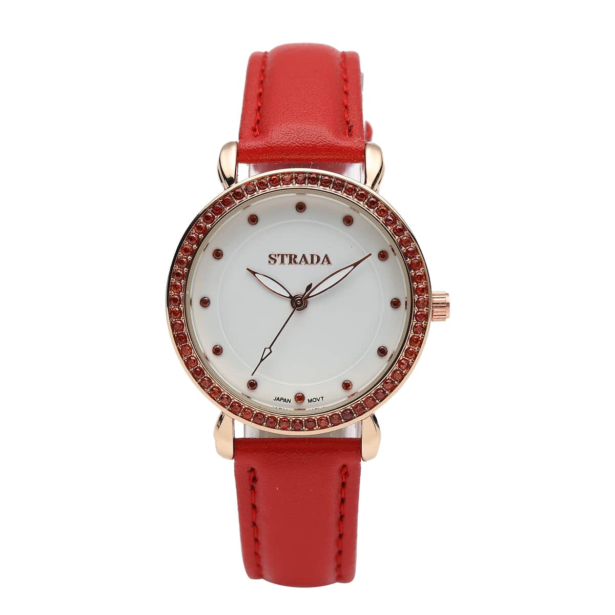 Strada Simulated Red Diamond Japanese Movement Watch in Rosetone with Red Faux Leather Strap 0.50 ctw image number 0