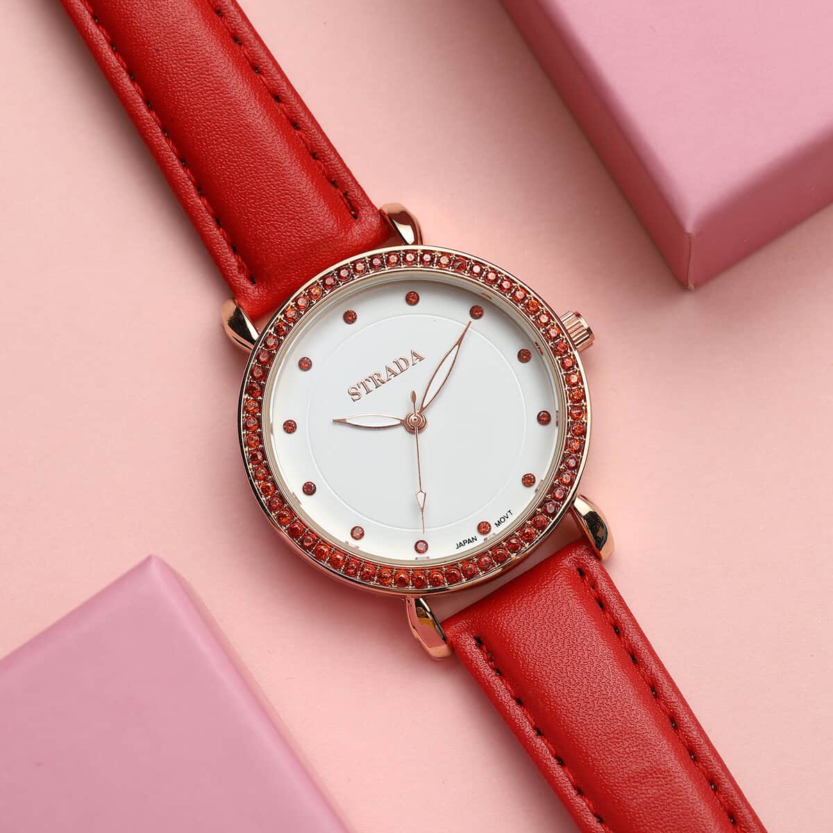 Strada Simulated Red Diamond Japanese Movement Watch in Rosetone with Red Faux Leather Strap 0.50 ctw image number 1