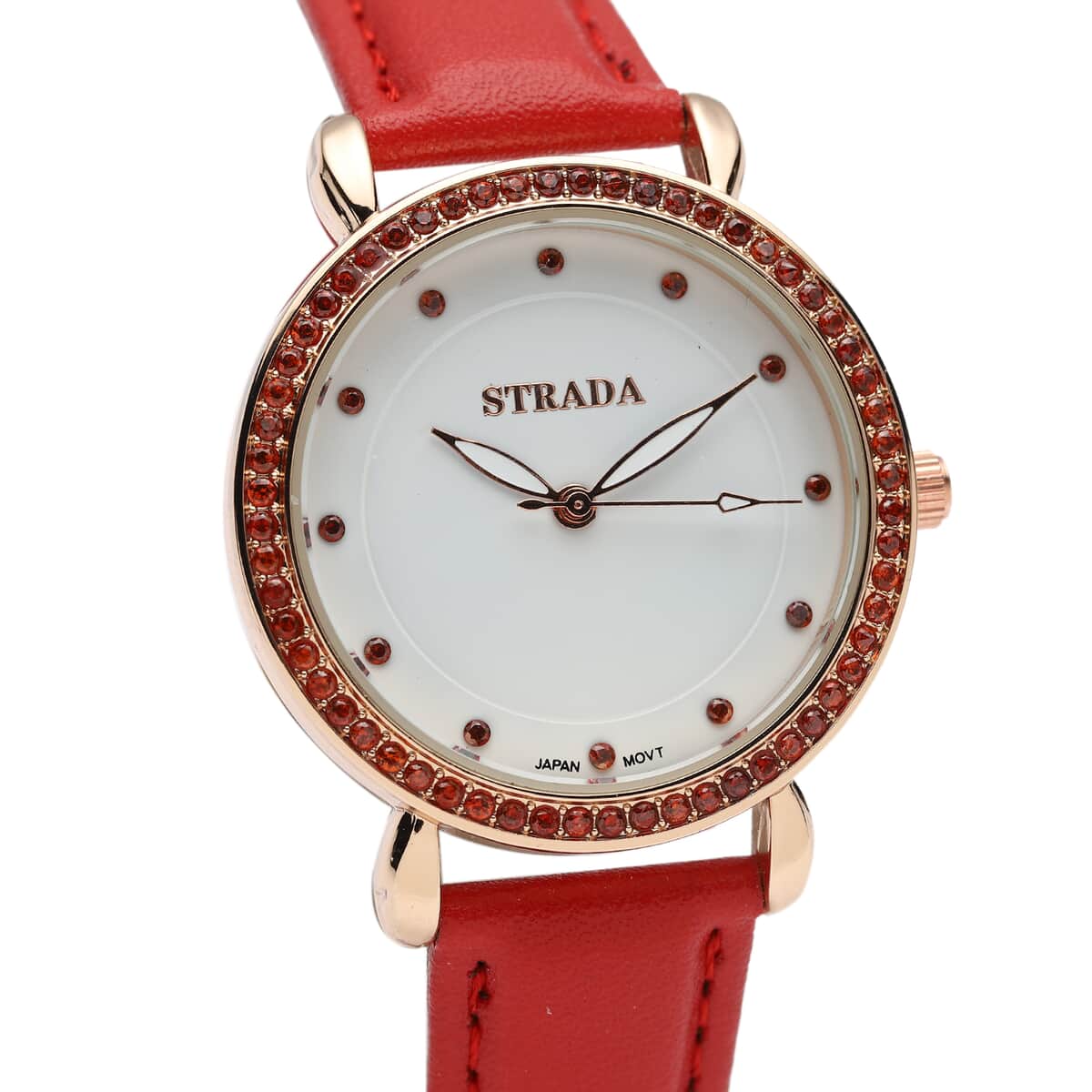 Strada Simulated Red Diamond Japanese Movement Watch in Rosetone with Red Faux Leather Strap 0.50 ctw image number 3