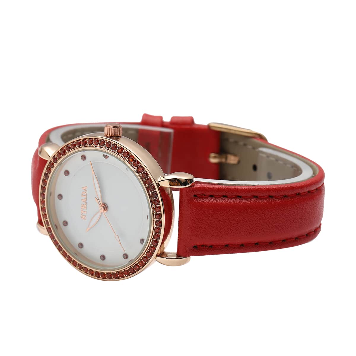 Strada Simulated Red Diamond Japanese Movement Watch in Rosetone with Red Faux Leather Strap 0.50 ctw image number 4