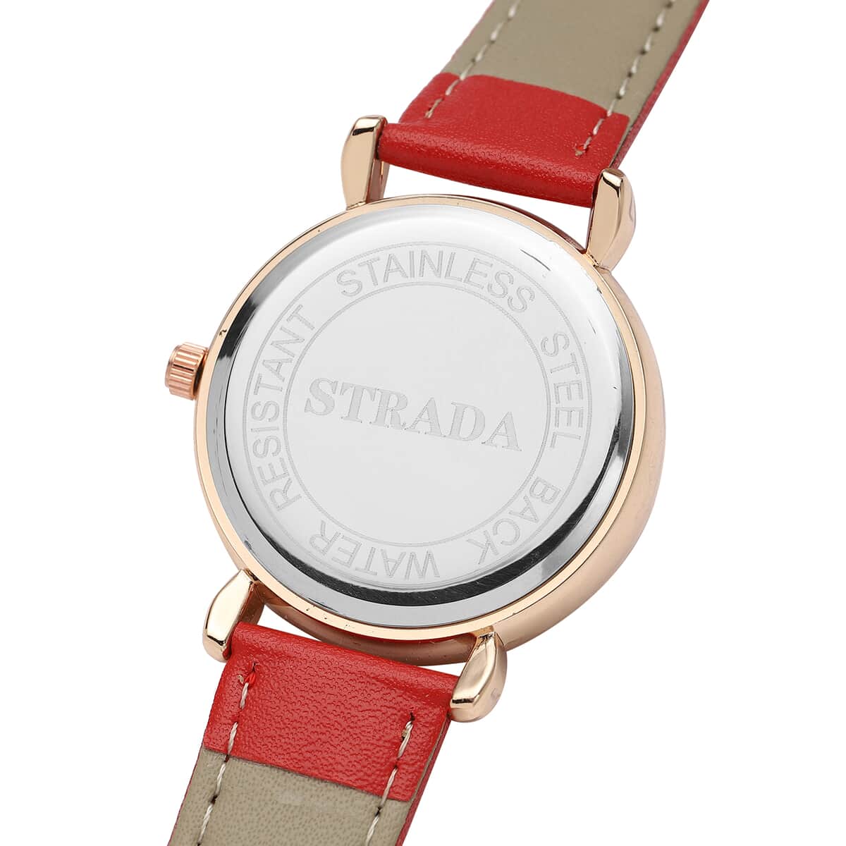 Strada Simulated Red Diamond Japanese Movement Watch in Rosetone with Red Faux Leather Strap 0.50 ctw image number 5
