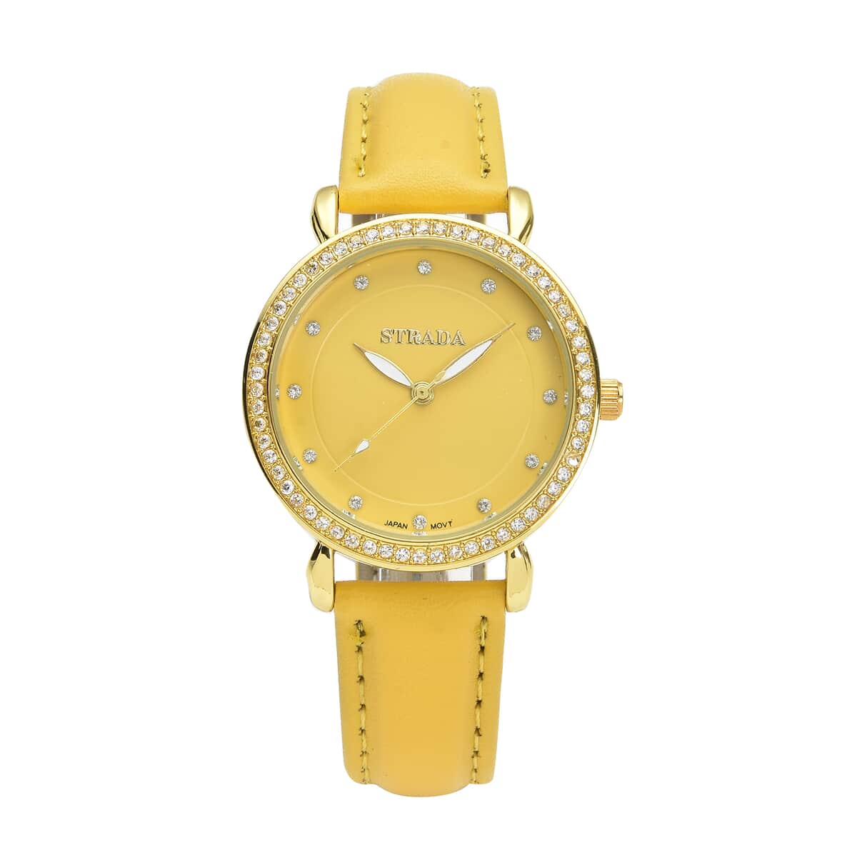 Strada Simulated Diamond Japanese Movement Watch in Rosetone with Yellow Faux Leather Strap 0.50 ctw image number 0
