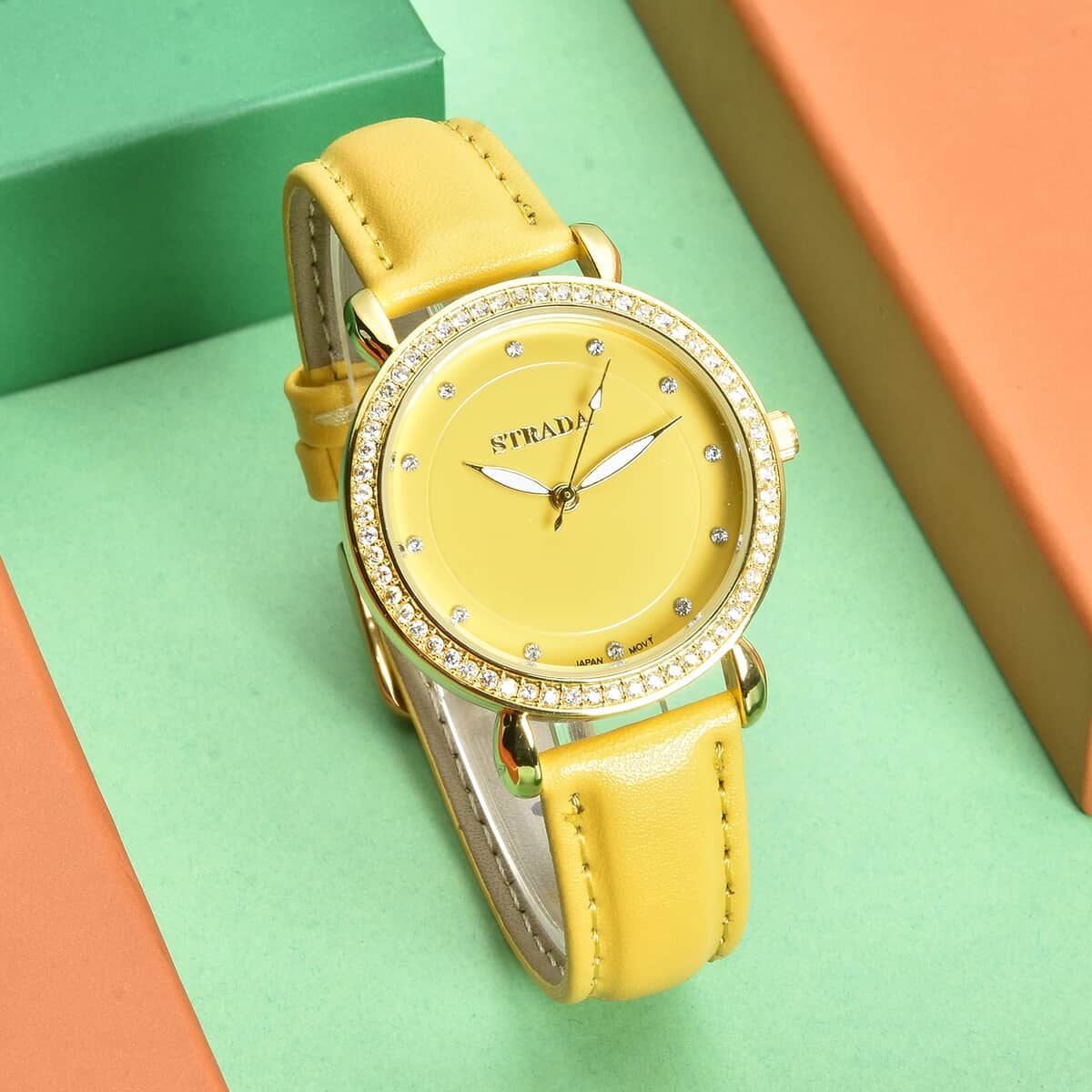 Strada Simulated Diamond Japanese Movement Watch in Rosetone with Yellow Faux Leather Strap 0.50 ctw image number 1