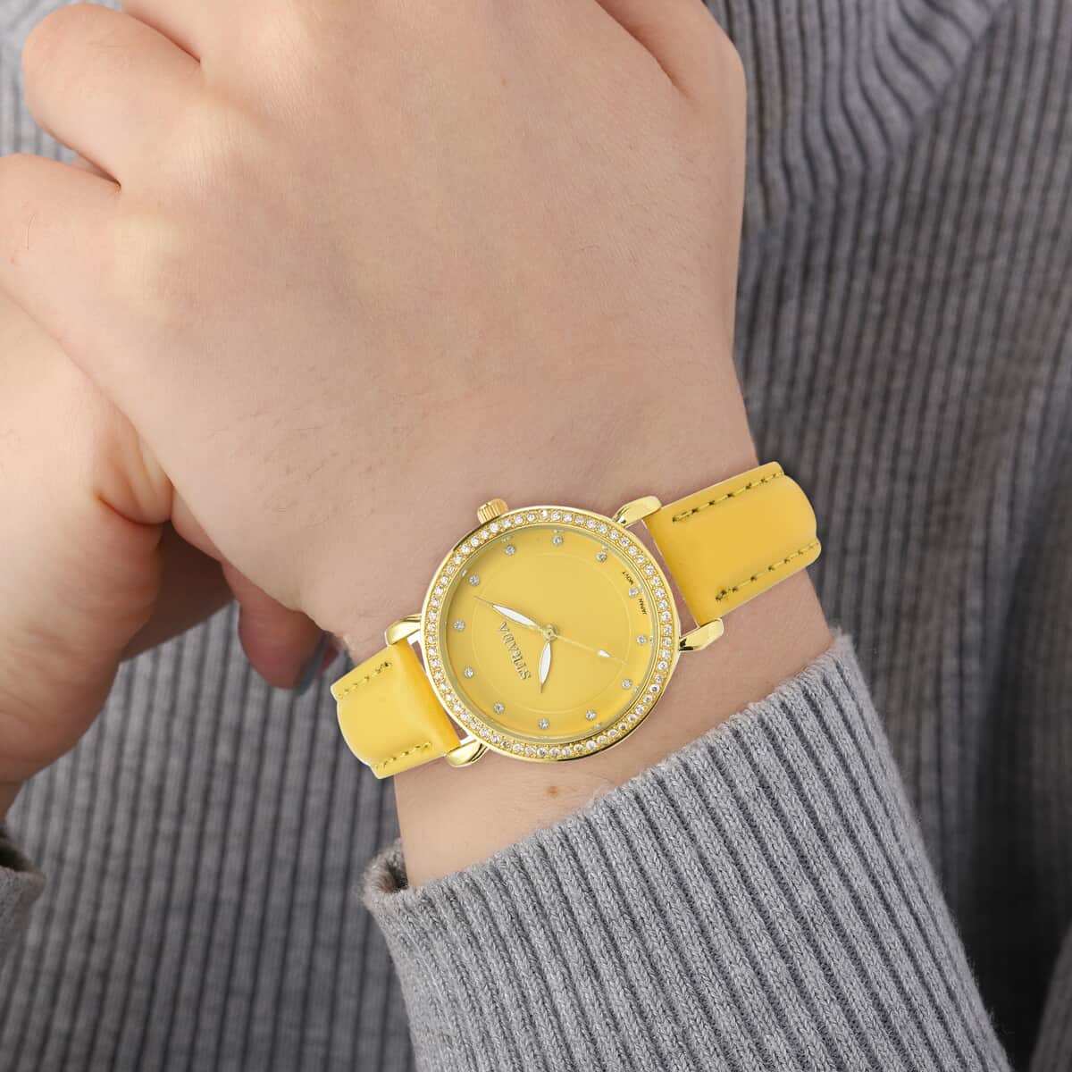 Strada Simulated Diamond Japanese Movement Watch in Rosetone with Yellow Faux Leather Strap 0.50 ctw image number 2