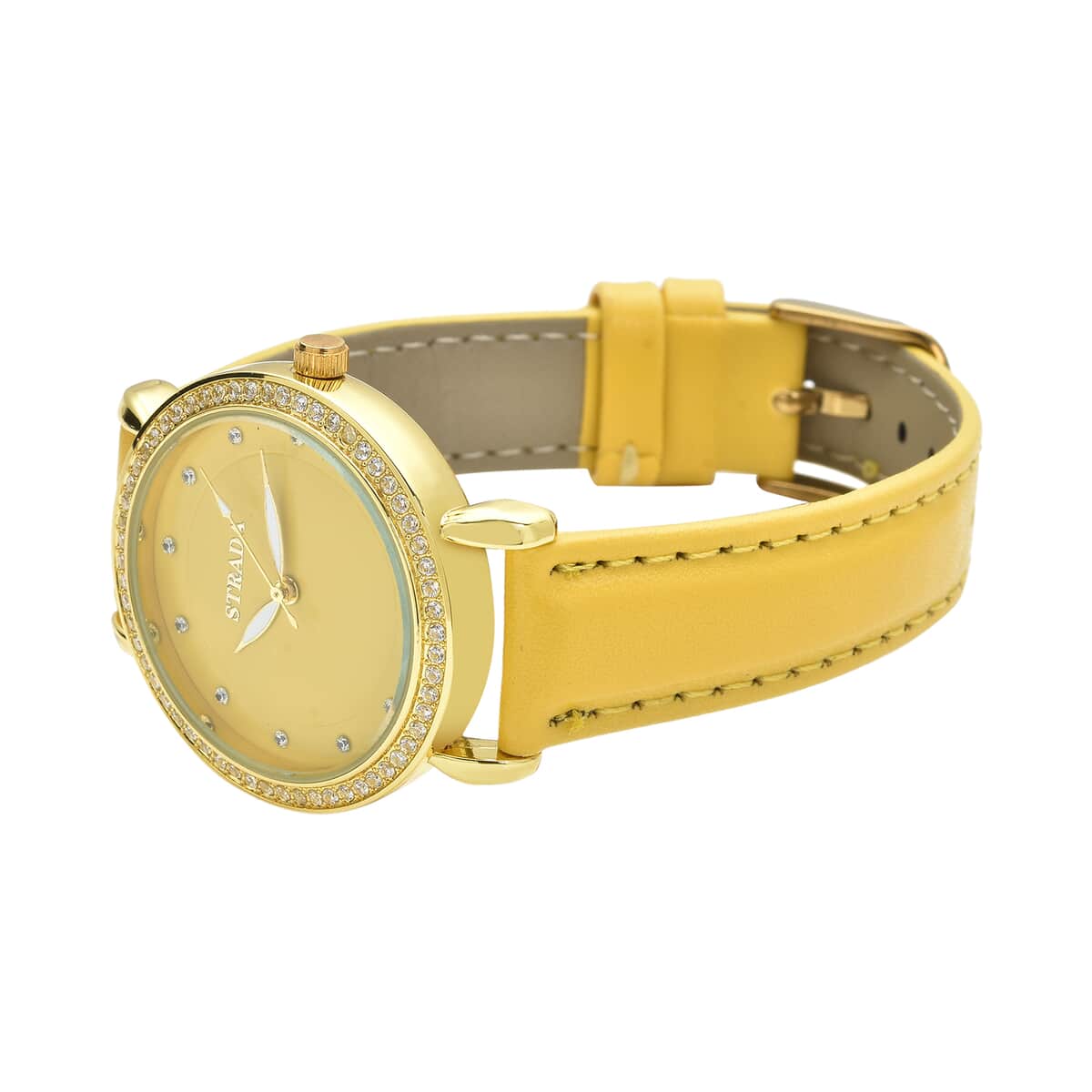 Strada Simulated Diamond Japanese Movement Watch in Rosetone with Yellow Faux Leather Strap 0.50 ctw image number 4