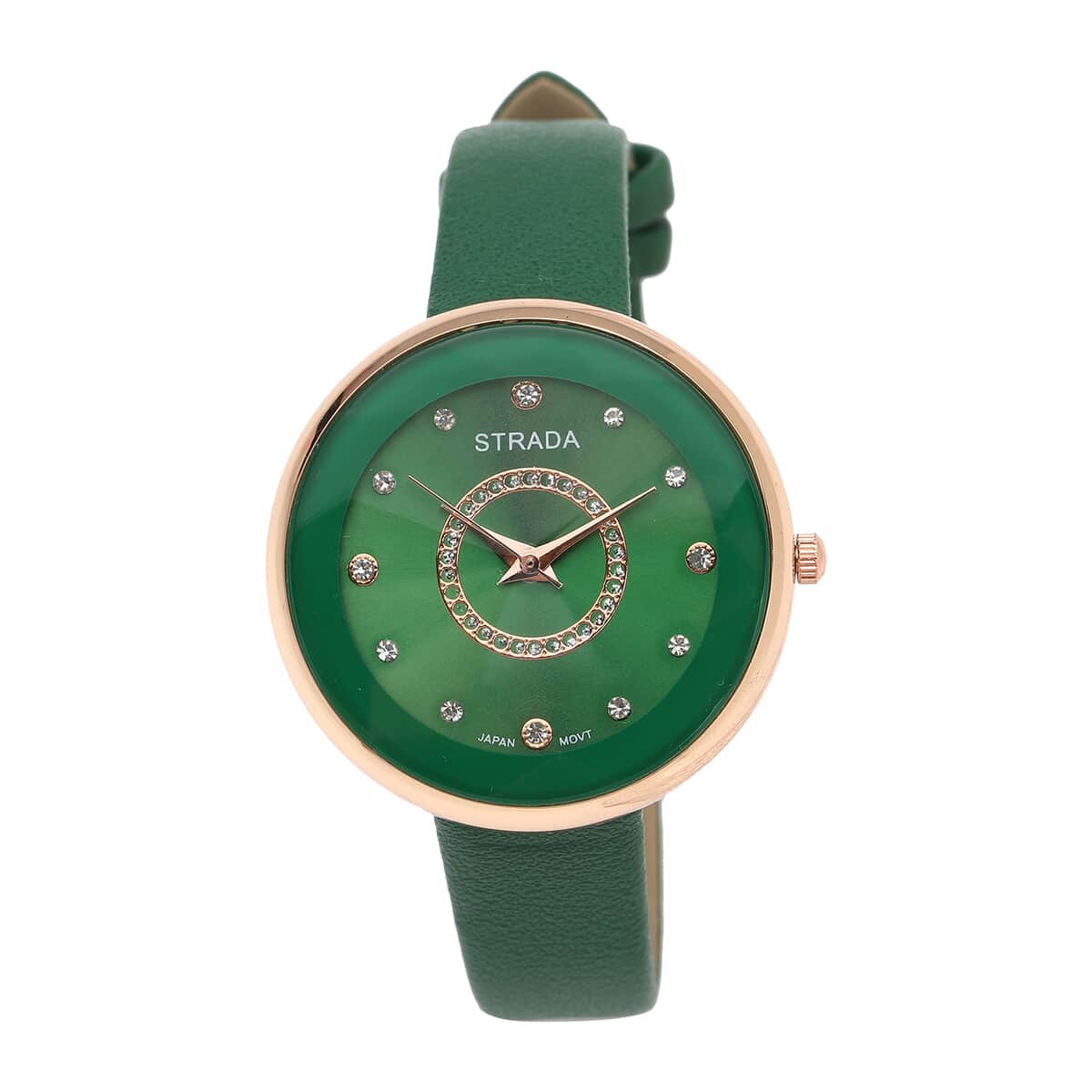 STRADA Austrian Crystal Japanese Movement Watch with Dark Green Vegan Leather Strap image number 0
