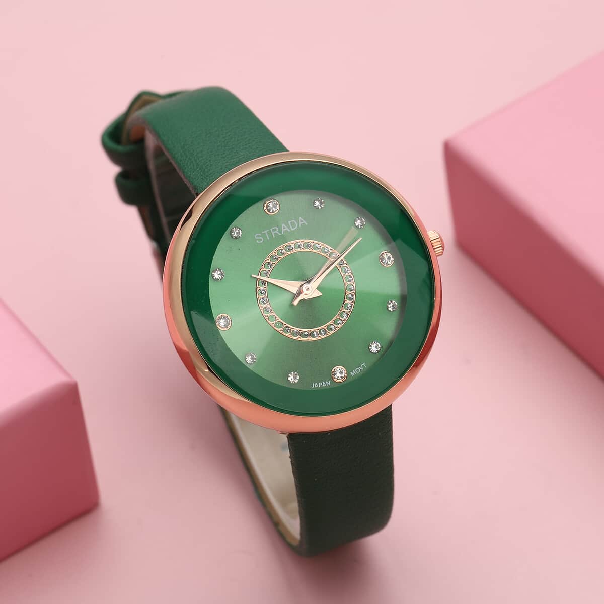 STRADA Austrian Crystal Japanese Movement Watch with Dark Green Vegan Leather Strap image number 1