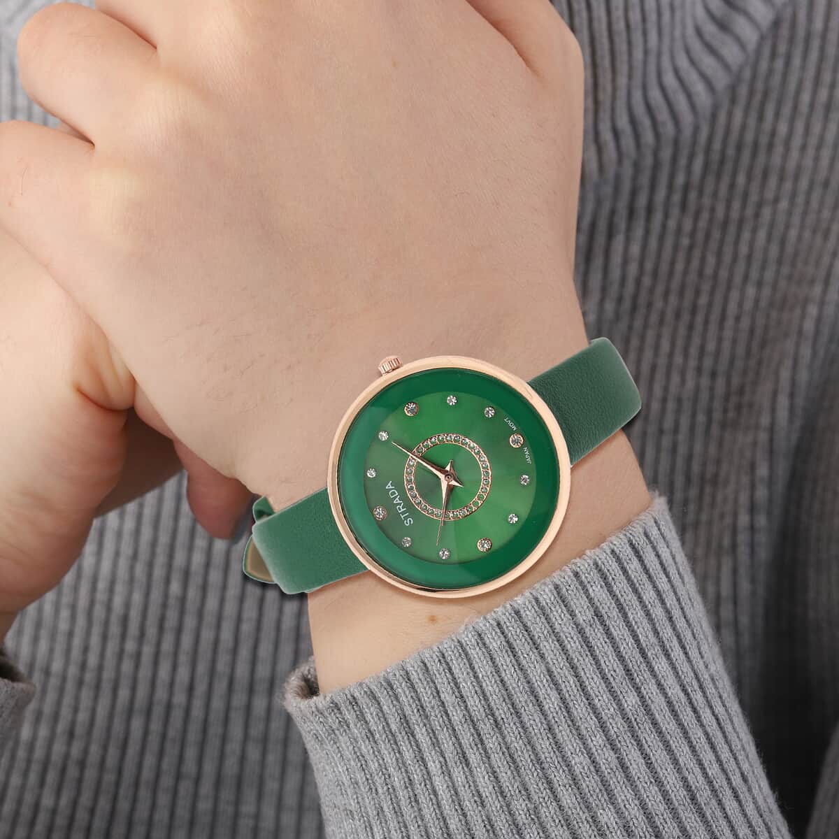 STRADA Austrian Crystal Japanese Movement Watch with Dark Green Vegan Leather Strap image number 2
