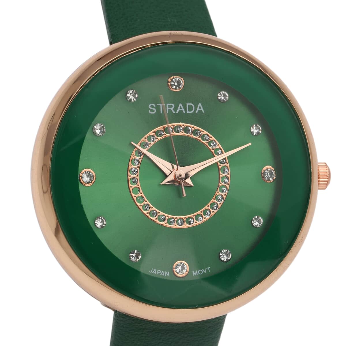 STRADA Austrian Crystal Japanese Movement Watch with Dark Green Vegan Leather Strap image number 3