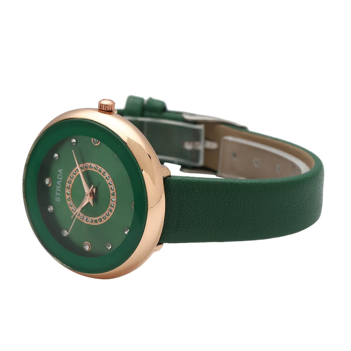STRADA Austrian Crystal Japanese Movement Watch with Dark Green Vegan Leather Strap image number 4
