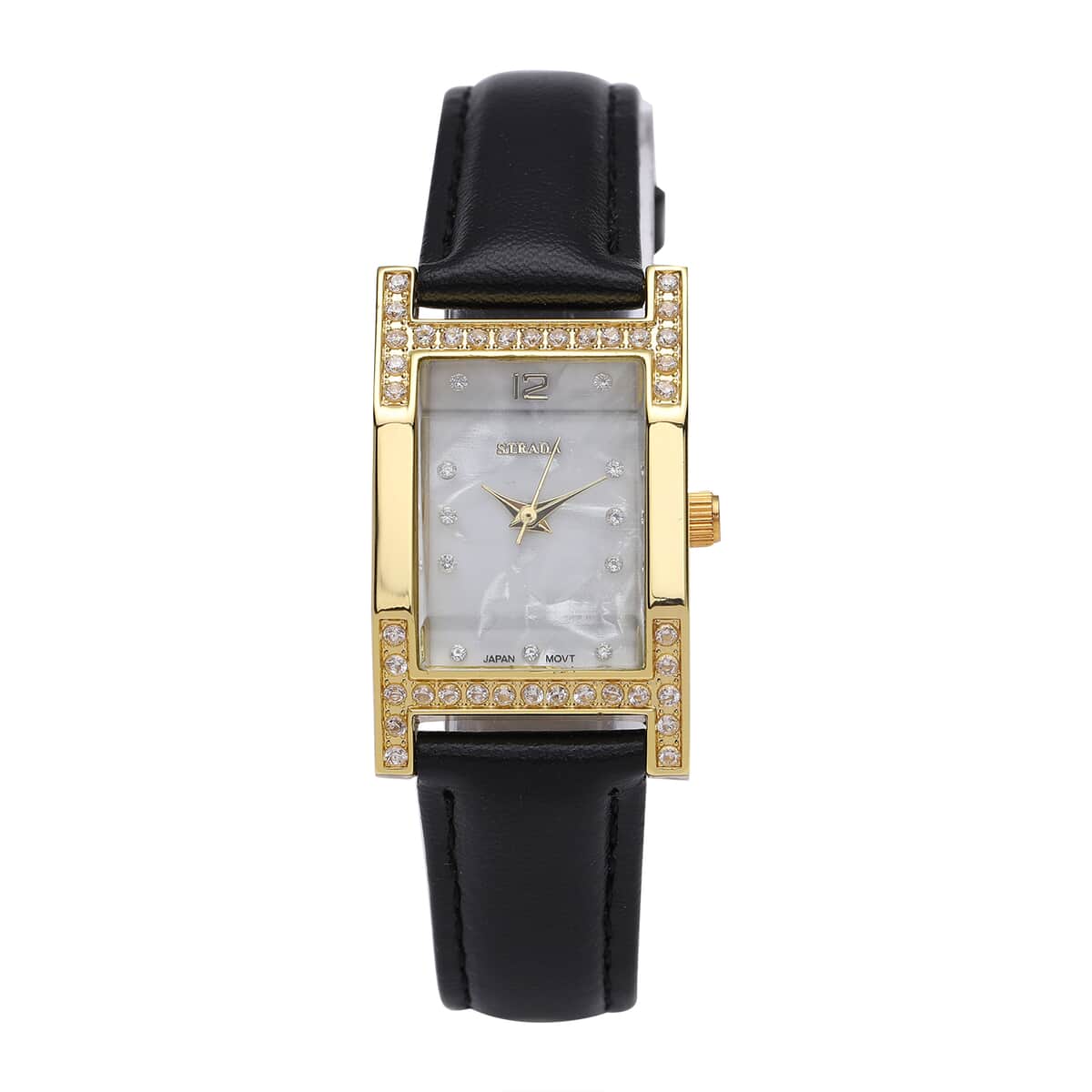 Strada Simulated Diamond Japanese Movement Watch in Goldtone with Black Faux Leather Strap 0.40 ctw image number 0