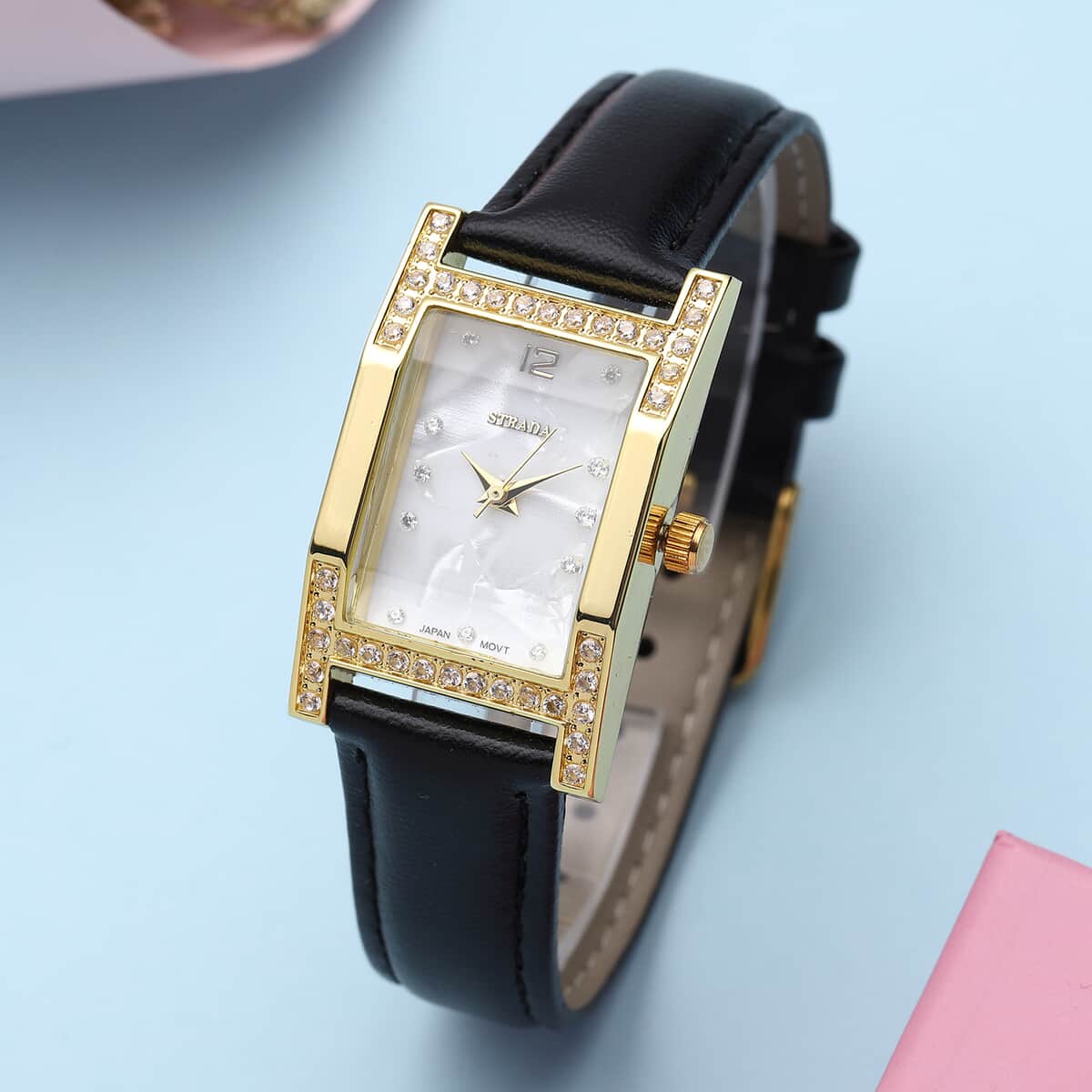Strada Simulated Diamond Japanese Movement Watch in Goldtone with Black Faux Leather Strap 0.40 ctw image number 1