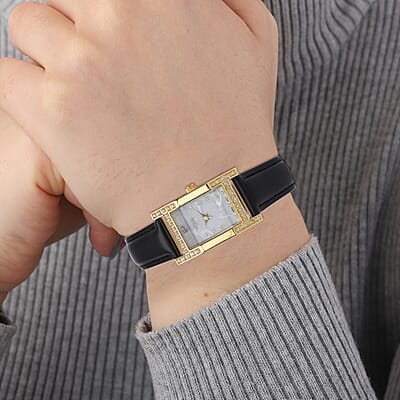 Strada Simulated Diamond Japanese Movement Watch in Goldtone with Black Faux Leather Strap 0.40 ctw