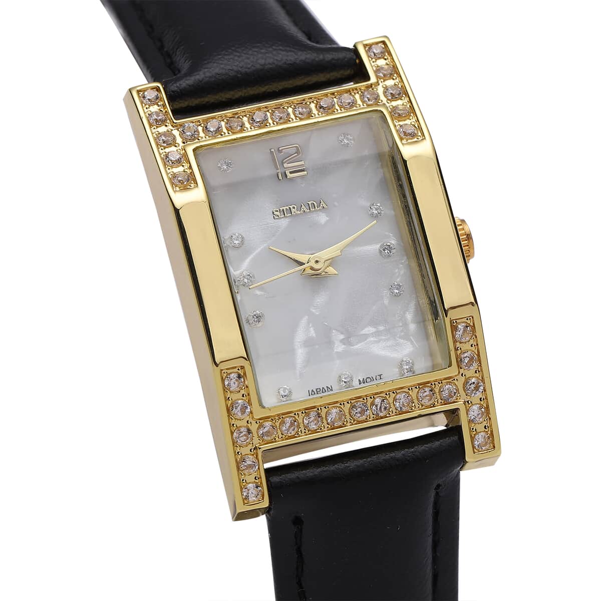 STRADA Simulated Diamond Japanese Movement Watch in Goldtone with Black Faux Leather Strap 0.40 ctw image number 3