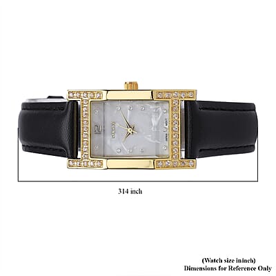 Strada Simulated Diamond Japanese Movement Watch in Goldtone with Black Faux Leather Strap 0.40 ctw