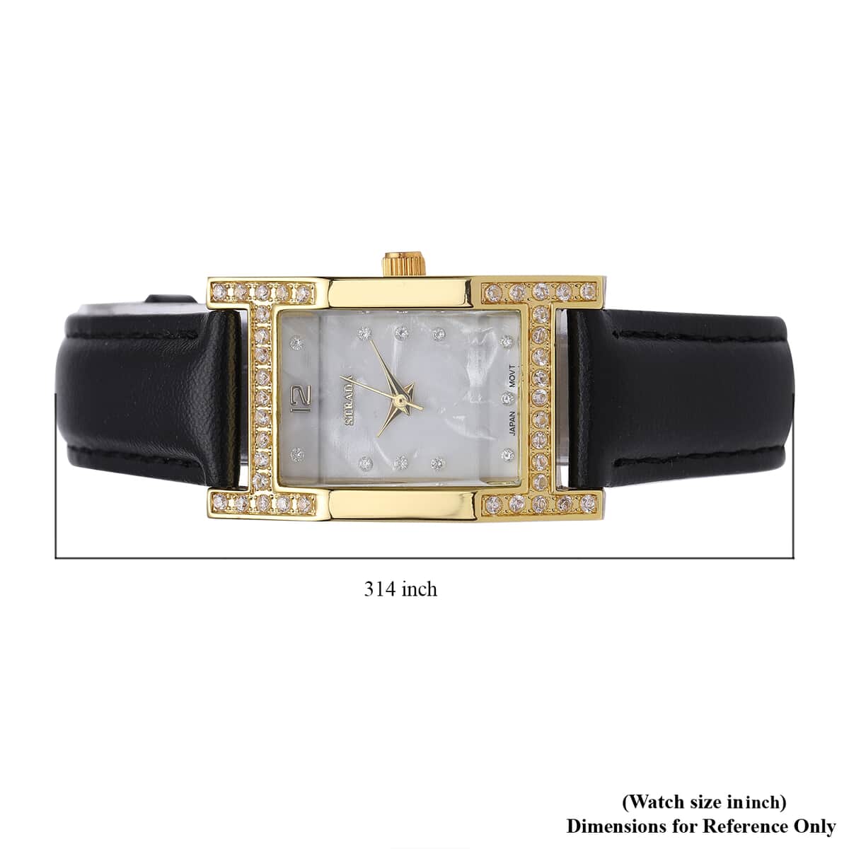 STRADA Simulated Diamond Japanese Movement Watch in Goldtone with Black Faux Leather Strap 0.40 ctw image number 6