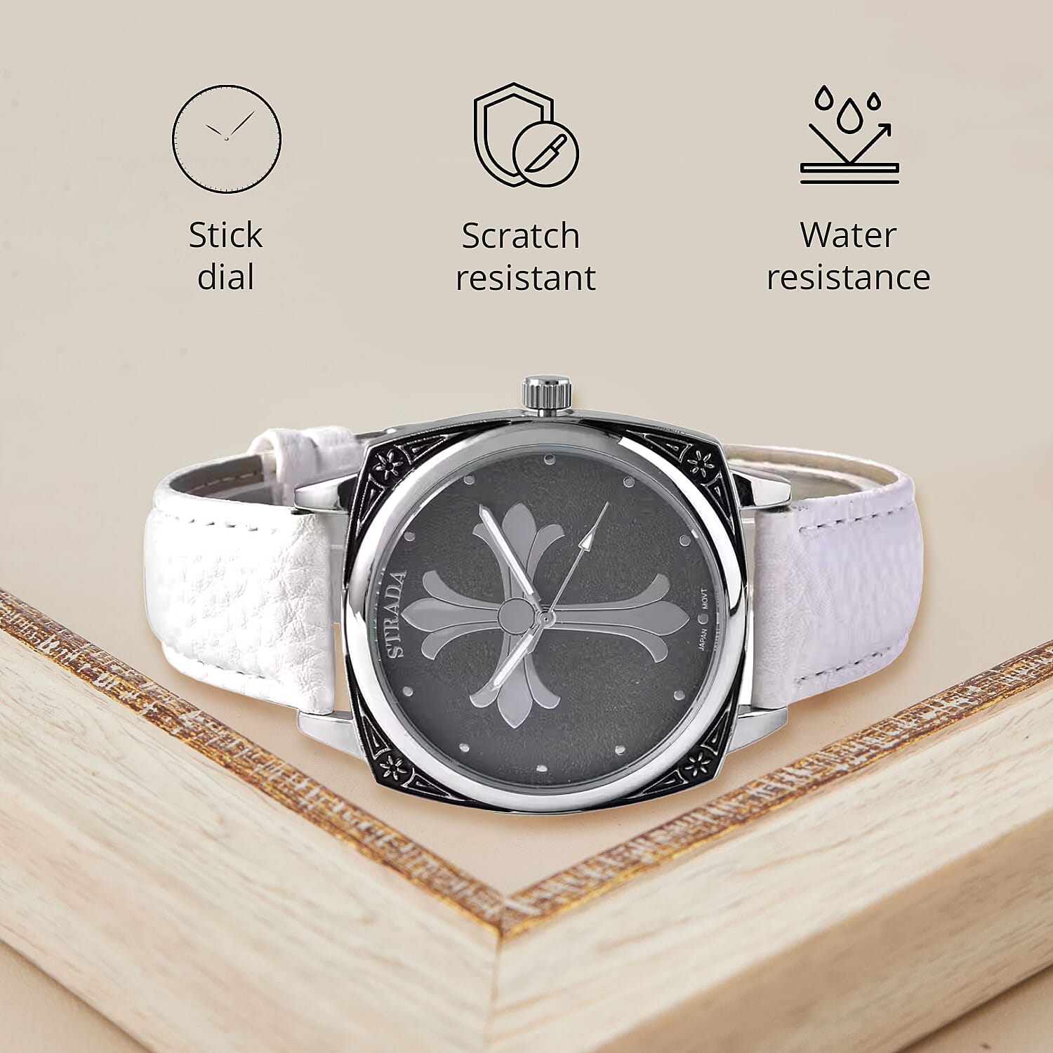 Strada Japanese Movement Cross Pattern Dial Watch with White Vegan Leather Strap