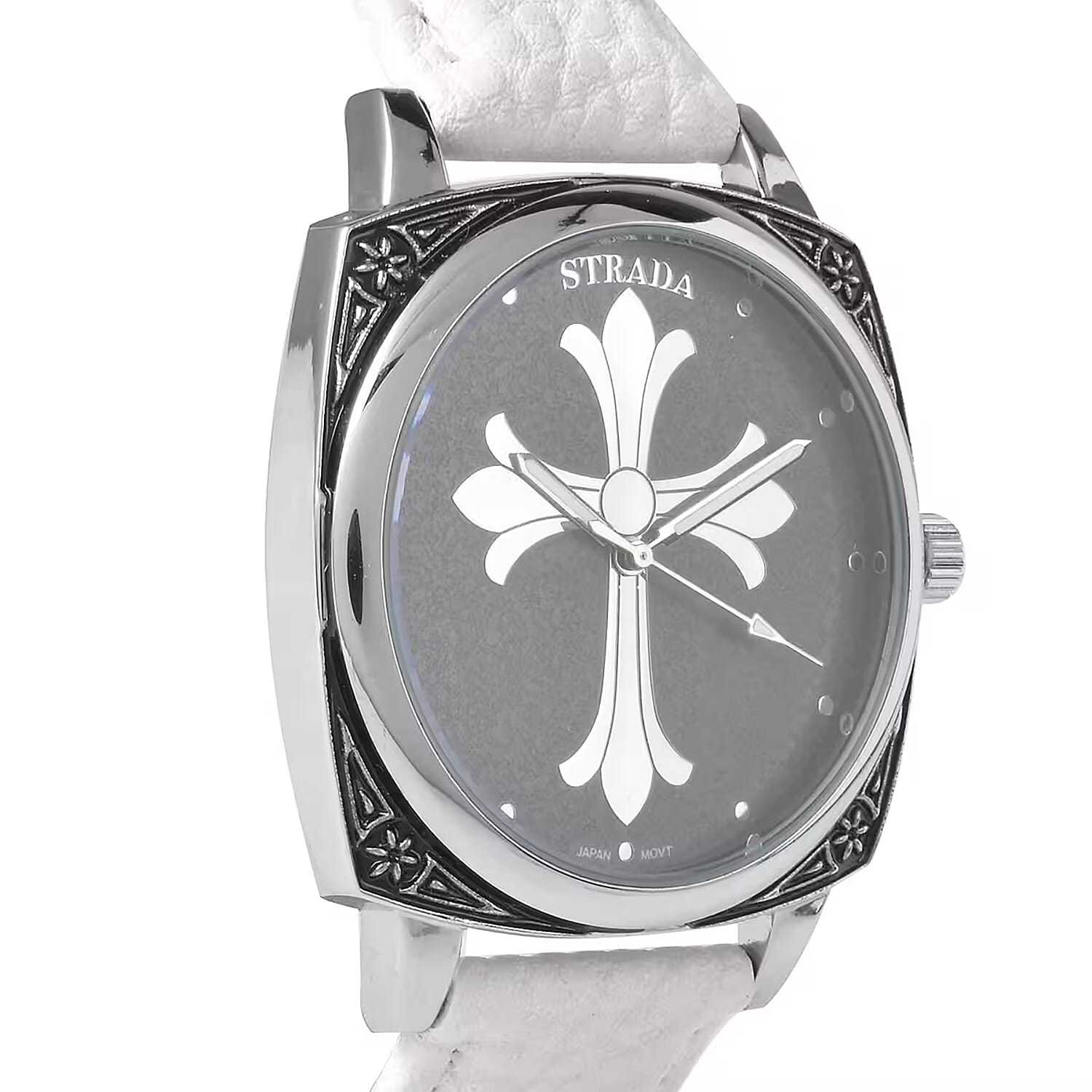 Strada Japanese Movement Cross Pattern Dial Watch with White Vegan Leather Strap