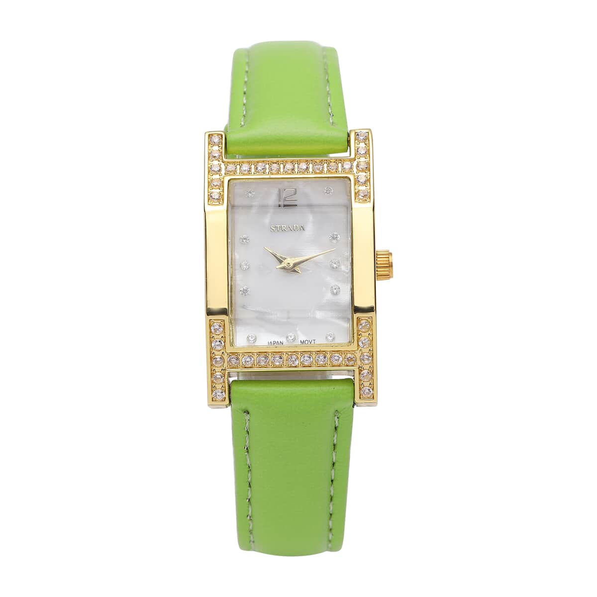Strada Simulated Diamond Japanese Movement Rectangle Dial Watch in Goldtone with Green Vegan Leather Strap (36mm) 0.40 ctw image number 0