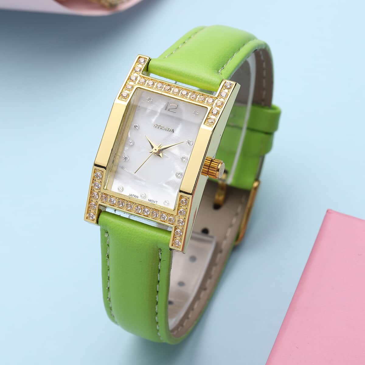 Strada Simulated Diamond Japanese Movement Rectangle Dial Watch in Goldtone with Green Vegan Leather Strap (36mm) 0.40 ctw image number 1