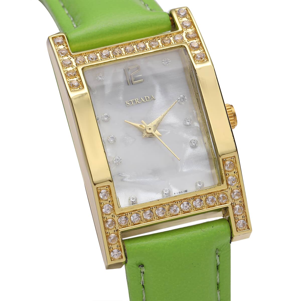 Strada Simulated Diamond Japanese Movement Rectangle Dial Watch in Goldtone with Green Vegan Leather Strap (36mm) 0.40 ctw image number 3