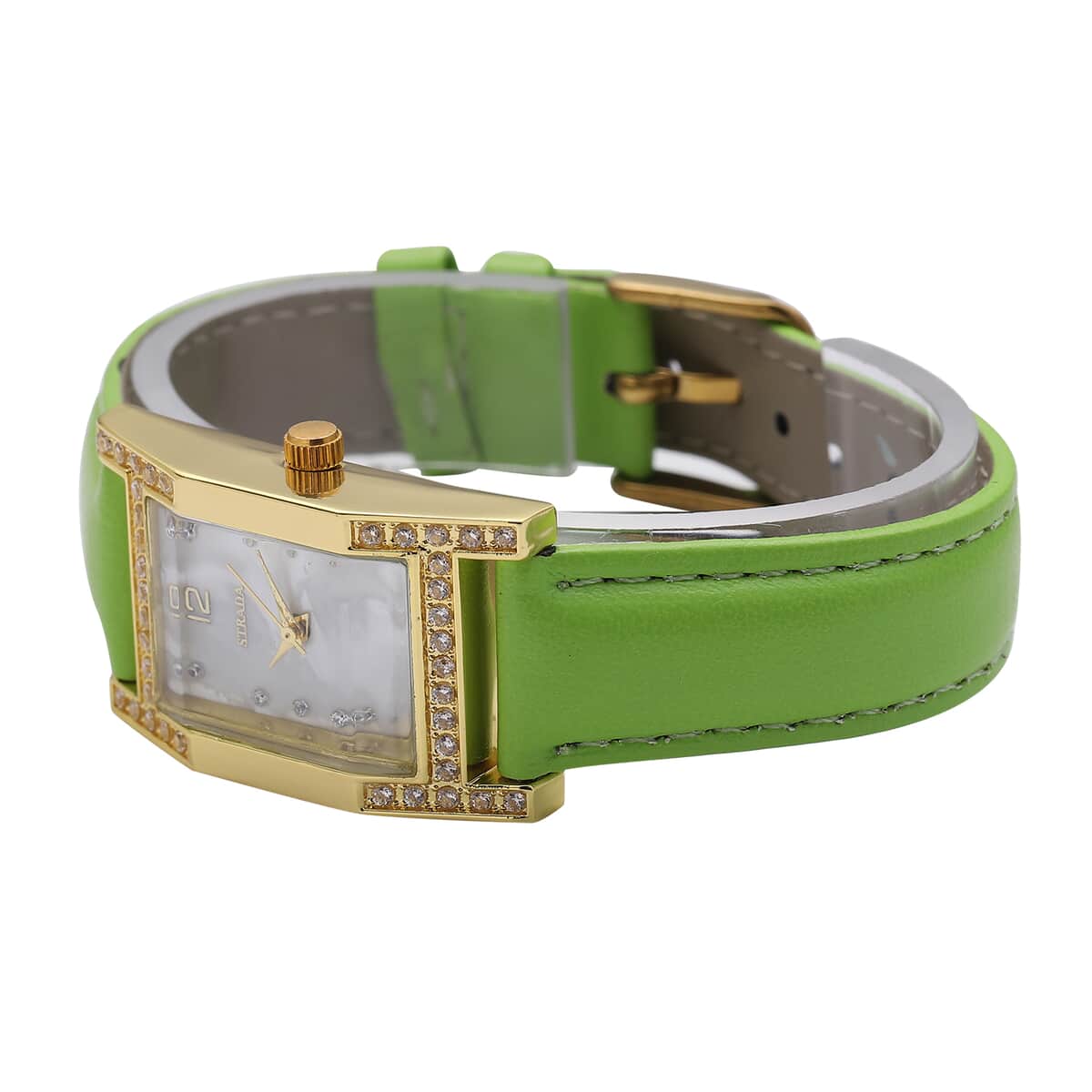 Strada Simulated Diamond Japanese Movement Rectangle Dial Watch in Goldtone with Green Vegan Leather Strap (36mm) 0.40 ctw image number 4