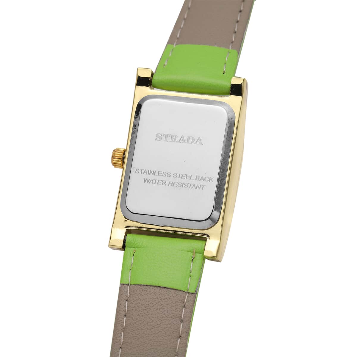 Strada Simulated Diamond Japanese Movement Rectangle Dial Watch in Goldtone with Green Vegan Leather Strap (36mm) 0.40 ctw image number 5