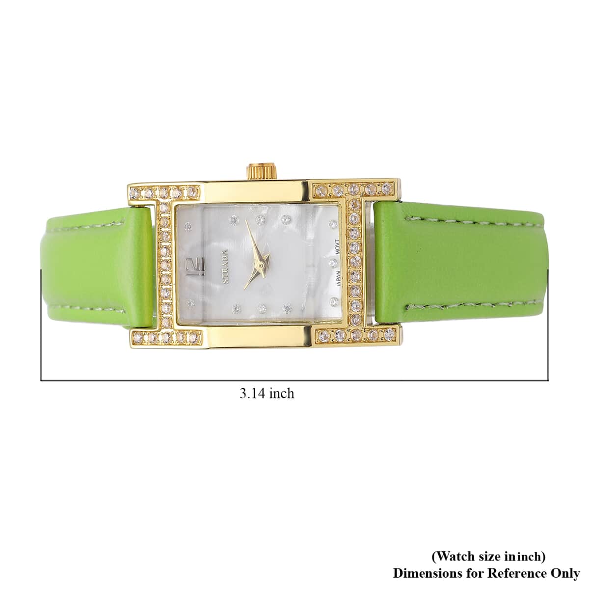 Strada Simulated Diamond Japanese Movement Rectangle Dial Watch in Goldtone with Green Vegan Leather Strap (36mm) 0.40 ctw image number 6