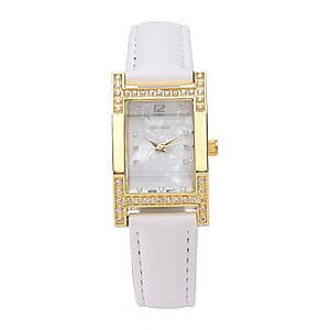 STRADA Simulated Diamond Japanese Movement Rectangle Dial Watch in Goldtone with White Vegan Leather Strap (36mm) 0.40 ctw