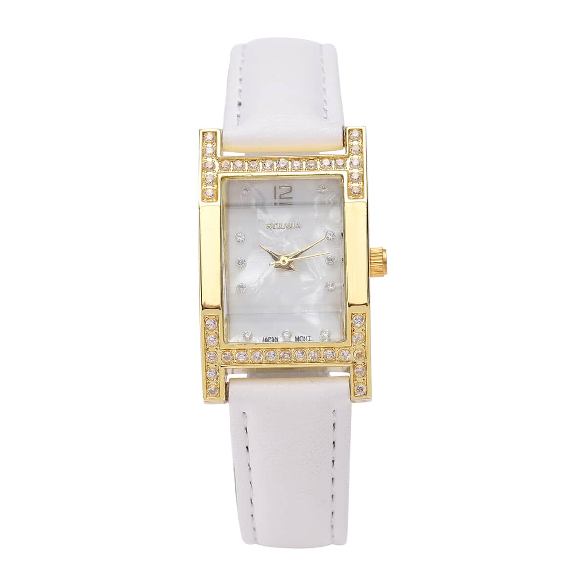 Strada Simulated Diamond Japanese Movement Rectangle Dial Watch in Goldtone with White Vegan Leather Strap (36mm) 0.40 ctw image number 0